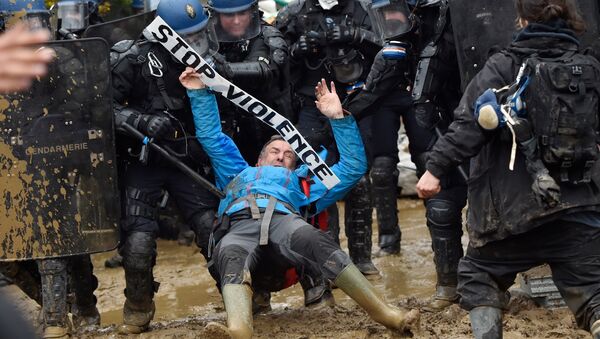 French gendarmes charge ZAD activists to clear an area known as ZAD (Zone a Defendre - Zone to defend) of environmental protesters occupying the site of what had been a proposed new airport in Notre dame des Landes - Sputnik International