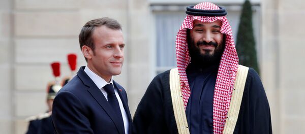 French President Emmanuel Macron welcomes Saudi Arabia's Crown Prince Mohammed bin Salman as he arrives at the Elysee Palace in Paris, France, April 10, 2018 French President Emmanuel Macron welcomes Saudi Arabia's Crown Prince Mohammed bin Salman as he arrives at the Elysee Palace in Paris, France, April 10, 2018 - Sputnik International