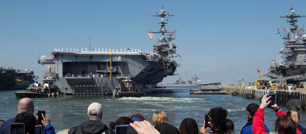 Family members look on as the U.S. Navy aircraft carrier USS Harry S. Truman departs with its carrier strike group towards the Middle East from Naval Station Norfolk, Virginia, U.S. April 11, 2018 Family members look on as the U.S. Navy aircraft carrier USS Harry S. Truman departs with its carrier strike group towards the Middle East from Naval Station Norfolk, Virginia, U.S. April 11, 2018 - Sputnik International