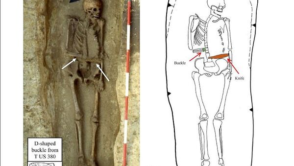 Photo and drawing of T US 380. Notice the orientation of the right arm, the position of the  D-shaped buckle and the location of the knife. Unlike most burials, the right arm of the individual  was bent over the pelvis in correspondence of both buckle and knife (burial photo and drawing are  kindly provided by Dr. Gianni De Zuccato and Dr. Brunella Bruno of the Soprintendenza per i Beni  Archeologici del Veneto in Verona) - Sputnik International