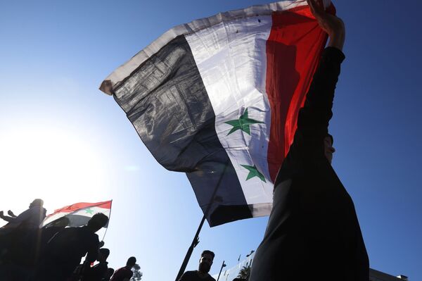 A Syrian government supporter holds up a Syrian national flag as he chants slogans against U.S. President Trump during demonstrations following a wave of U.S., British and French military strikes to punish President Bashar Assad for suspected chemical attack against civilians, in Damascus, Syria, Saturday, April 14, 2018 - Sputnik International