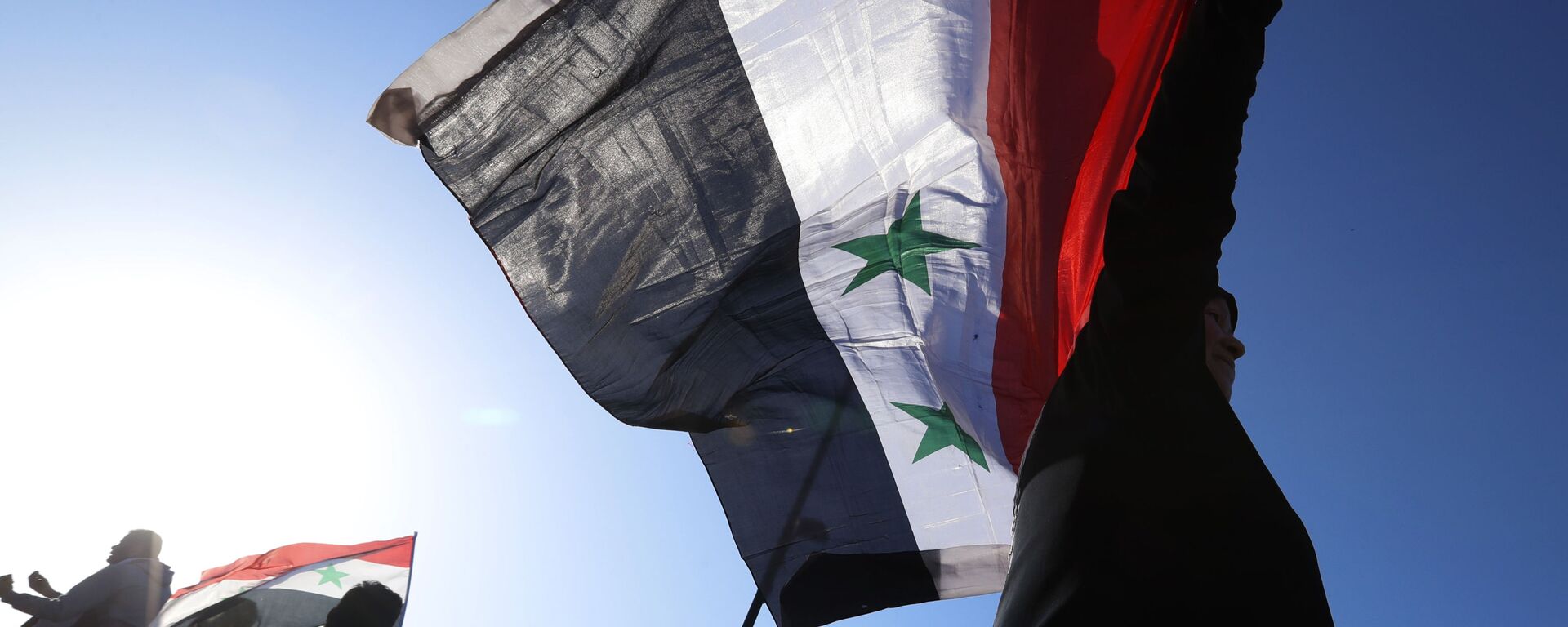 A Syrian government supporter holds up a Syrian national flag as he chants slogans against U.S. President Trump during demonstrations following a wave of U.S., British and French military strikes to punish President Bashar Assad for suspected chemical attack against civilians, in Damascus, Syria, Saturday, April 14, 2018 - Sputnik International, 1920, 23.09.2021