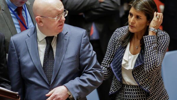 United States Ambassador to the United Nations Nikki Haley and Russian Ambassador to the United Nations Vasily Nebenzya are seen before the United Nations Security Council meeting on Syria at the U.N. headquarters in New York, U.S., April 13, 2018 - Sputnik International