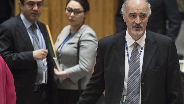 Syrian Ambassador to the United Nations Bashar Ja'afari leaves the Security Council chambers after meeting on the situation in Syria, Saturday, April 14, 2018 at United Nations headquarters - Sputnik International