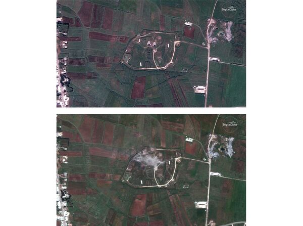 This combination of satellite images provided by DigitalGlobe shows the Him Shinshar Chemical Weapons Storage Facility in Syria on Friday, April 13, 2018, top, and on Saturday, April 14, 2018, bottom, following a U.S.-led allied missile attack. U.S., French and British warplanes and ships launched more than 100 missiles nearly unopposed by Syrian air defenses early Saturday This combination of satellite images provided by DigitalGlobe shows the Him Shinshar Chemical Weapons Storage Facility in Syria on Friday, April 13, 2018, top, and on Saturday, April 14, 2018, bottom, following a U.S.-led allied missile attack. U.S., French and British warplanes and ships launched more than 100 missiles nearly unopposed by Syrian air defenses early Saturday - Sputnik International