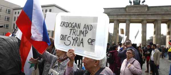 (File) A protester holds a poster during the demonstration against airstrikes on Syria in Berlin, Germany April 14, 2018 (File) A protester holds a poster during the demonstration against airstrikes on Syria in Berlin, Germany April 14, 2018 - Sputnik International