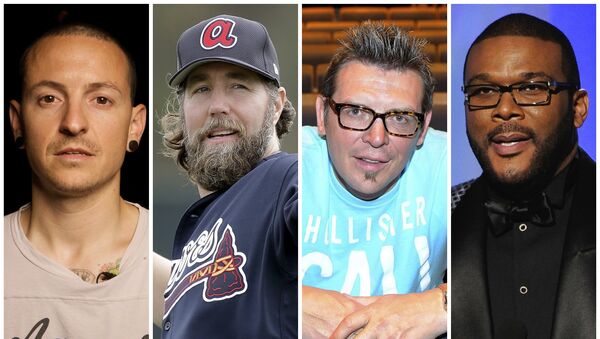 This combination of 2008-2017 photos shows Linkin Park co-lead vocalist Chester Bennington, Atlanta Braves pitcher R.A. Dickey, former NHL star Theo Fleury and film director Tyler Perry. They are among the male celebrities who have disclosed they were victims of sexual abuse - Sputnik International