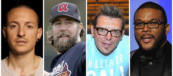 This combination of 2008-2017 photos shows Linkin Park co-lead vocalist Chester Bennington, Atlanta Braves pitcher R.A. Dickey, former NHL star Theo Fleury and film director Tyler Perry. They are among the male celebrities who have disclosed they were victims of sexual abuse This combination of 2008-2017 photos shows Linkin Park co-lead vocalist Chester Bennington, Atlanta Braves pitcher R.A. Dickey, former NHL star Theo Fleury and film director Tyler Perry. They are among the male celebrities who have disclosed they were victims of sexual abuse - Sputnik International