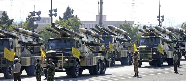 Missiles are on display during a parade marking National Army Day at the mausoleum of the late revolutionary founder Ayatollah Khomeini, just outside Tehran, Iran, Wednesday, April 18, 2018. - Sputnik International