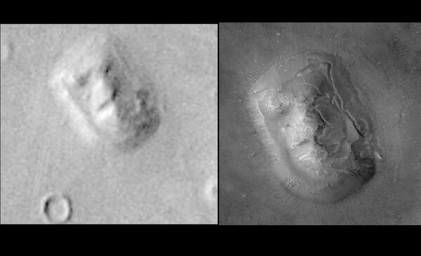 This composite image released by NASA 24 May, 2001 shows a new high resolution image of the Face on Mars (R) alongside an early Viking Spacecraft image (L) This composite image released by NASA 24 May, 2001 shows a new high resolution image of the Face on Mars (R) alongside an early Viking Spacecraft image (L) - Sputnik International