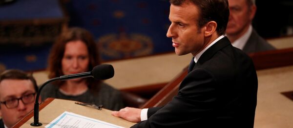 Hand written edits can he seen on French President Emmanuel Macron's speech as he addresses a joint meeting of the U.S. Congress in the House chamber of the U.S. Capitol in Washington, U.S., April 25, 2018 - Sputnik International