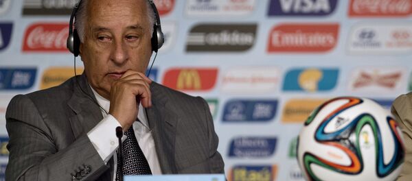 (File)  In this file photo taken on January 20, 2015 the vice-president of the Brazilian Football Confederation (CBF), Marco Polo del Nero, gestures during a press conference in Sao Paulo, Brazil to present the tournament’s sustainability report and provide a comprehensive update on the 2014 FIFA World Cup Football Legacy Project - Sputnik International