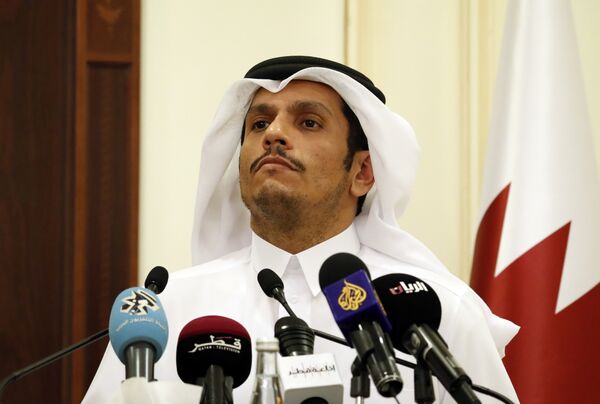 Sheikh Mohammed bin Abdulrahman Al Thani listens to a reporter's question during a media availability with Secretary of State Rex Tillerson, after their meeting, Sunday, Oct. 22, 2017, in Doha,Qatar Sheikh Mohammed bin Abdulrahman Al Thani listens to a reporter's question during a media availability with Secretary of State Rex Tillerson, after their meeting, Sunday, Oct. 22, 2017, in Doha,Qatar - Sputnik International