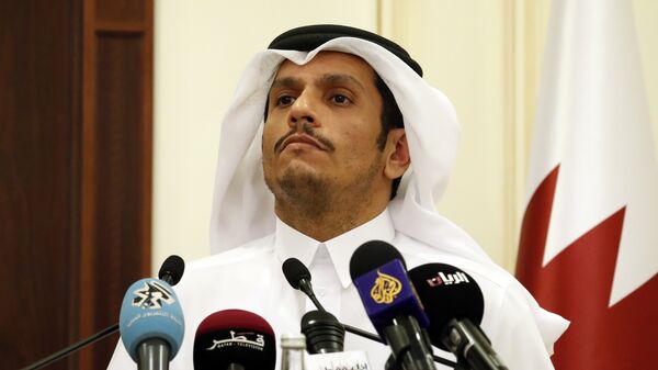 Sheikh Mohammed bin Abdulrahman Al Thani listens to a reporter's question during a media availability with Secretary of State Rex Tillerson, after their meeting, Sunday, Oct. 22, 2017, in Doha,Qatar - Sputnik International