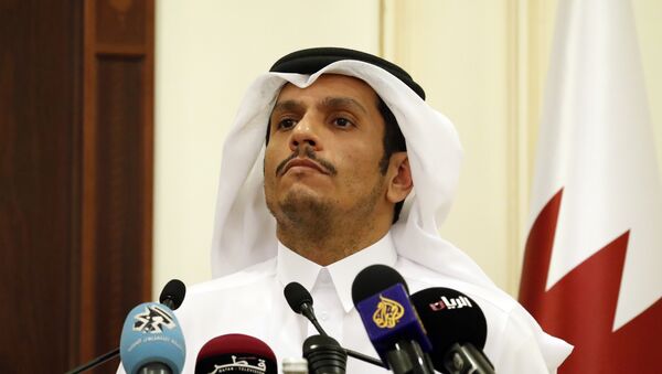 Sheikh Mohammed bin Abdulrahman Al Thani listens to a reporter's question during a media availability with Secretary of State Rex Tillerson, after their meeting, Sunday, Oct. 22, 2017, in Doha,Qatar - Sputnik International