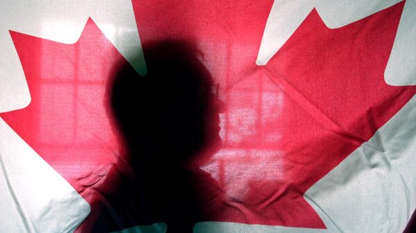 Andre Senecal, silhouetted behind a Canadian flag, Feb. 10, 2004, has been trying to get Americans to understand that Canada is more than polar bears, red-coated constables, hockey and long winters, introducing students to some of the intricacies of the European style of government. - Sputnik International