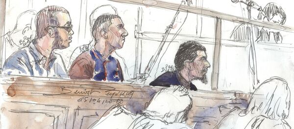 A file photo taken on April 5, 2018 shows a court sketch made on April 4, 2018 in Paris of defendants (from L) Hamza Mosli, Adil Barki and Ali Abdoumi during their trial at the Paris courthouse for terrorist conspiracy A file photo taken on April 5, 2018 shows a court sketch made on April 4, 2018 in Paris of defendants (from L) Hamza Mosli, Adil Barki and Ali Abdoumi during their trial at the Paris courthouse for terrorist conspiracy - Sputnik International