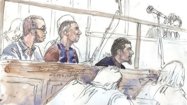 A file photo taken on April 5, 2018 shows a court sketch made on April 4, 2018 in Paris of defendants (from L) Hamza Mosli, Adil Barki and Ali Abdoumi during their trial at the Paris courthouse for terrorist conspiracy - Sputnik International