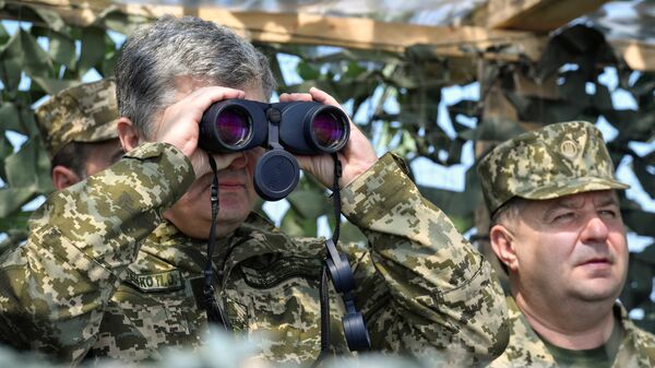 Ukrainian President Petro Poroshenko uses a pair of binoculars while watching the final testing of the Vilkha missile complex in Kherson Region, Ukraine April 25, 2018 - Sputnik International