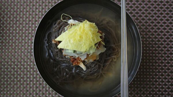 In this Friday, June 16, 2017, photo, a bowl of Naengmyeon or cold buckwheat noodles, popular among North Koreans, is served in a restaurant in Pyongyang, North Korea - Sputnik International