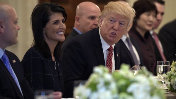 President Donald Trump, sitting next to U.S. Ambassador to the UN Nikki Haley, speaks during a working lunch with ambassadors of countries on the United Nations Security Council and their spouses, Monday, April 24, 2017, in the State Dining Room of the White House in Washington - Sputnik International