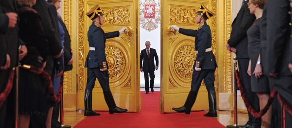 President-elect Vladimir Putin, center, enters St Andrew Hall of the Grand Kremlin Palace during the inauguration ceremony. File photo President-elect Vladimir Putin, center, enters St Andrew Hall of the Grand Kremlin Palace during the inauguration ceremony. File photo - Sputnik International