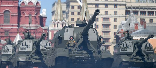 The Self-propelled Artillery Cannons (SPAC) Koalitsiya-SV and mamokhodny artillery cannons (SAU) Msta-S on the military parade devoted to the 73rd anniversary of the victory in the Great Patriotic War of 1941-1945 The Self-propelled Artillery Cannons (SPAC) Koalitsiya-SV and mamokhodny artillery cannons (SAU) Msta-S on the military parade devoted to the 73rd anniversary of the victory in the Great Patriotic War of 1941-1945 - Sputnik International