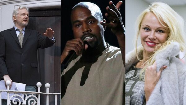 Mashup of photographs of Julian Assange, Kanye West and Pamela Anderson. - Sputnik International