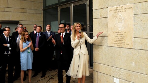 Senior White House Adviser Ivanka Trump and U.S. Treasury Secretary Steven Mnuchin stand next to the dedication plaque at the U.S. embassy in Jerusalem, during the dedication ceremony of the new U.S. embassy in Jerusalem, May 14, 2018 - Sputnik International