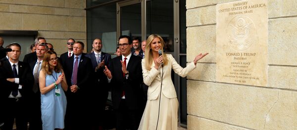 Senior White House Adviser Ivanka Trump and U.S. Treasury Secretary Steven Mnuchin stand next to the dedication plaque at the U.S. embassy in Jerusalem, during the dedication ceremony of the new U.S. embassy in Jerusalem, May 14, 2018 - Sputnik International