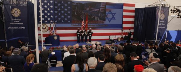 Presentation of colors by U.S Marines and singing of the U.S national anthem during the opening ceremony of the new US embassy in Jerusalem, Monday, May 14, 2018 Presentation of colors by U.S Marines and singing of the U.S national anthem during the opening ceremony of the new US embassy in Jerusalem, Monday, May 14, 2018 - Sputnik International