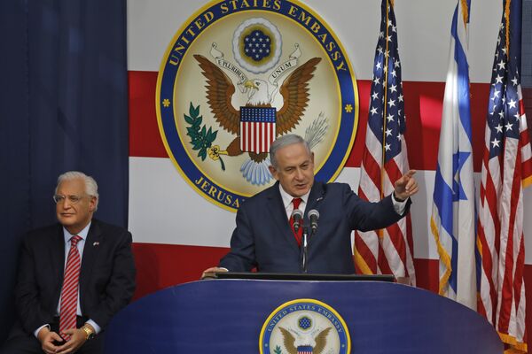 Israel's Prime Minister Benjamin Netanyahu delivers a speech during the opening of the US embassy in Jerusalem on May 14, 2018 - Sputnik International