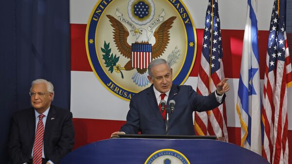 Israel's Prime Minister Benjamin Netanyahu delivers a speech during the opening of the US embassy in Jerusalem on May 14, 2018 - Sputnik International