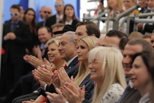 Israel's Prime Minister Benjamin Netanyahu, 2nd left, his wife Sara Netanyahu, left, Senior White House Advisor Jared Kushner, 3rd left, US President's daughter Ivanka Trump, center, US Treasury Secretary Steve Mnuchin, attend the opening ceremony of the new U.S. embassy in Jerusalem, Monday, May 14, 2018 Israel's Prime Minister Benjamin Netanyahu, 2nd left, his wife Sara Netanyahu, left, Senior White House Advisor Jared Kushner, 3rd left, US President's daughter Ivanka Trump, center, US Treasury Secretary Steve Mnuchin, attend the opening ceremony of the new U.S. embassy in Jerusalem, Monday, May 14, 2018 - Sputnik International