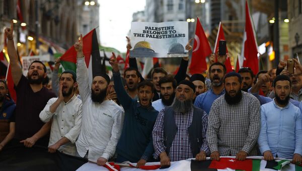Demonstrators shout slogans during a protest in support of Palestinians and against the U.S. moving its embassy to Jerusalem, in Istanbul, Turkey May 14, 2018 - Sputnik International