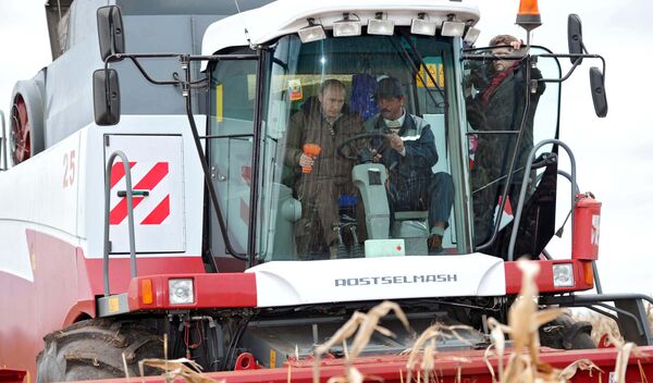 Vladimir Putin (left) seen inside the grain harvester while being briefed on progress in the corn harvesting campaign at the Rodina farm, Shpakovsky district, October 25, 2011 Vladimir Putin (left) seen inside the grain harvester while being briefed on progress in the corn harvesting campaign at the Rodina farm, Shpakovsky district, October 25, 2011 - Sputnik International