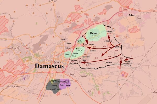 Map of SAA's East Ghouta operation Map of SAA's East Ghouta operation - Sputnik International