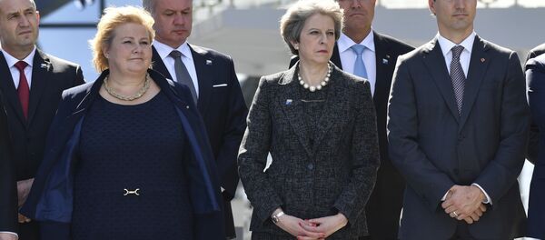 Norway's Prime Minister Erna Solberg, British Prime Minister Theresa May, Canadian Prime Minister Justin Trudeau, from left, look on as U.S. President Donald Trump speaks during ceremony at NATO headquarters at the NATO summit in Brussels on Thursday, May 25, 2017. Norway's Prime Minister Erna Solberg, British Prime Minister Theresa May, Canadian Prime Minister Justin Trudeau, from left, look on as U.S. President Donald Trump speaks during ceremony at NATO headquarters at the NATO summit in Brussels on Thursday, May 25, 2017. - Sputnik International