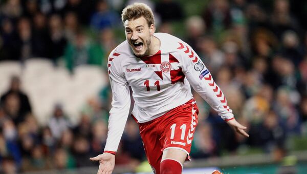 In this Tuesday, Nov. 14, 2017 filer, Denmark's Nicklas Bendtner celebrates after scoring his side's fifth goal during the World Cup qualifying play off second leg soccer match between Ireland and Denmark at the Aviva Stadium in Dublin, Ireland - Sputnik International