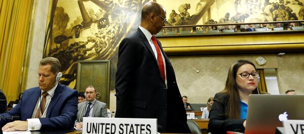 U.S. Ambassador Robert Wood walks out in protest at Syria's presidency of the Conference on Disarmament at the United Nations in Geneva in Geneva, Switzerland May 29, 2018 U.S. Ambassador Robert Wood walks out in protest at Syria's presidency of the Conference on Disarmament at the United Nations in Geneva in Geneva, Switzerland May 29, 2018 - Sputnik International