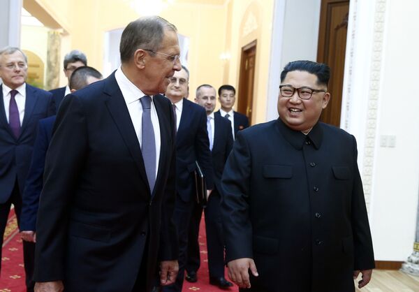 Russian Foreign Minister Sergei Lavrov, left, and North Korean leader Kim Jong Un meet in Pyongyang Russian Foreign Minister Sergei Lavrov, left, and North Korean leader Kim Jong Un meet in Pyongyang - Sputnik International