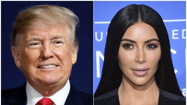 This combination photo shows President Donald Trump at a campaign rally in Moon Township, Pa., on March 10, 2018, left, and Kim Kardashian West at the NBCUniversal Network 2017 Upfront in New York on May 15, 2017 - Sputnik International