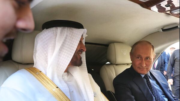 June 1, 2018. President Vladimir Putin and Crown Prince of Abu Dhabi Mohammed bin Zayed Al Nahyan second left, in the Kortezh vehicle of the presidential escort, during a meeting - Sputnik International