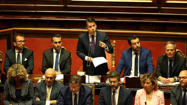 Newly appointed Italian Prime Minister Giuseppe Conte speaks next to Interior Minister Matteo Salvini, Minister of Labor and Industry Luigi Di Maio, Minister of Justice Alfonso Bonafede and Foreign Minister Enzo Moavero Milanesi during his first session at the Senate in Rome, Italy, June 5, 2018 - Sputnik International