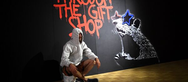 A visitor during an early show of the exhibition of English street artist Banksy at the Central House of Artist A visitor during an early show of the exhibition of English street artist Banksy at the Central House of Artist - Sputnik International