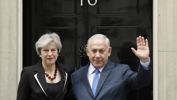 British Prime Minister Theresa May and Israeli Prime Minister Benjamin Netanyahu pose for the media as Netanyahu arrives for their meeting at 10 Downing Street in London, Thursday, Nov. 2, 2017. - Sputnik International