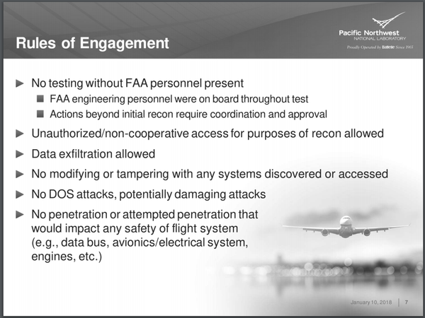 Slide from Department of Homeland Security documents on aviation cyber security provides the rules researchers have to follow while testing hacks against commercial airliners. Slide from Department of Homeland Security documents on aviation cyber security provides the rules researchers have to follow while testing hacks against commercial airliners. - Sputnik International
