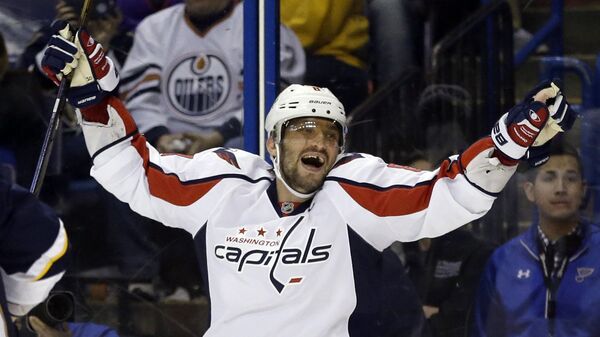 In this Saturday, April 9, 2016 file photo, Washington Capitals' Alex Ovechkin, of Russia, celebrates after scoring his third goal of an NHL hockey game during the third period against the St. Louis Blues in St. Louis - Sputnik International