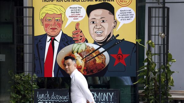 Poster representing Donald Trump and Kim Jong-un on a restaurant ad ahead of their Singapore Summit. File photo. - Sputnik International