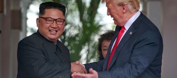 U.S. President Donald Trump meets North Korean leader Kim Jong Un at the Capella Hotel on Sentosa island in Singapore June 12, 2018. U.S. President Donald Trump meets North Korean leader Kim Jong Un at the Capella Hotel on Sentosa island in Singapore June 12, 2018. - Sputnik International